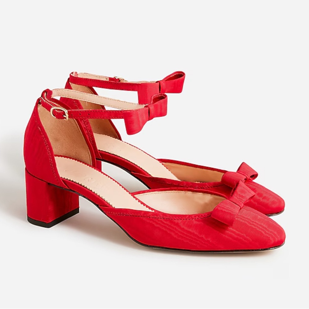 J.Crew-Millie bow ankle-strap heels moiré. Festival Red, Size 5M